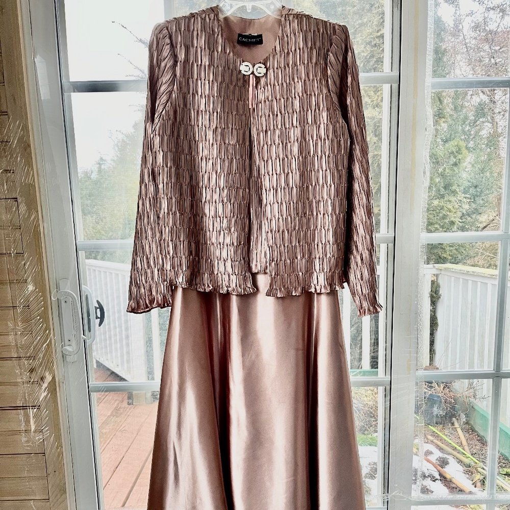 Mother of the Bride satin gown with jeweled jacket.